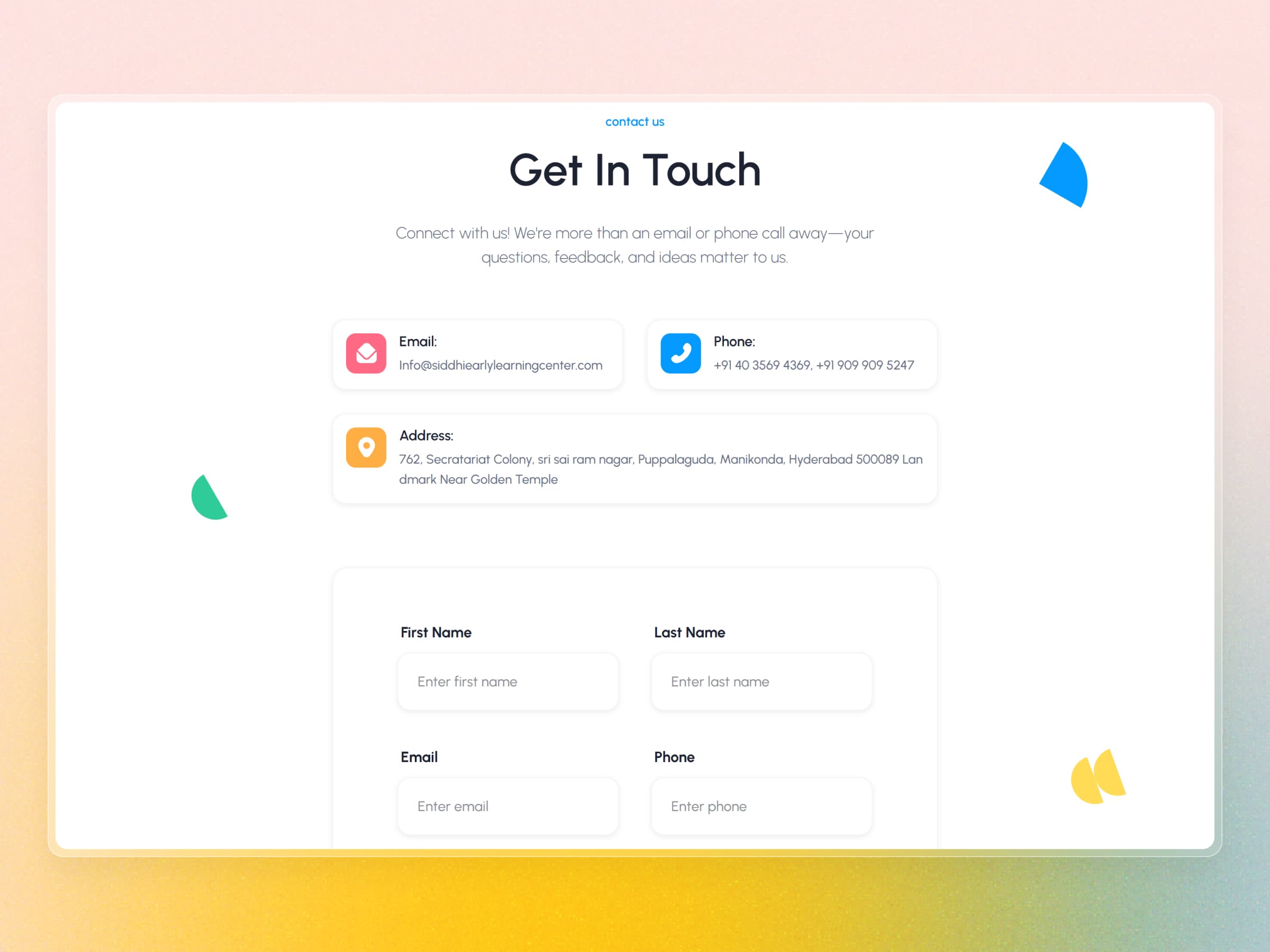 Siddhi Early Learning Center Website | Craftnotion